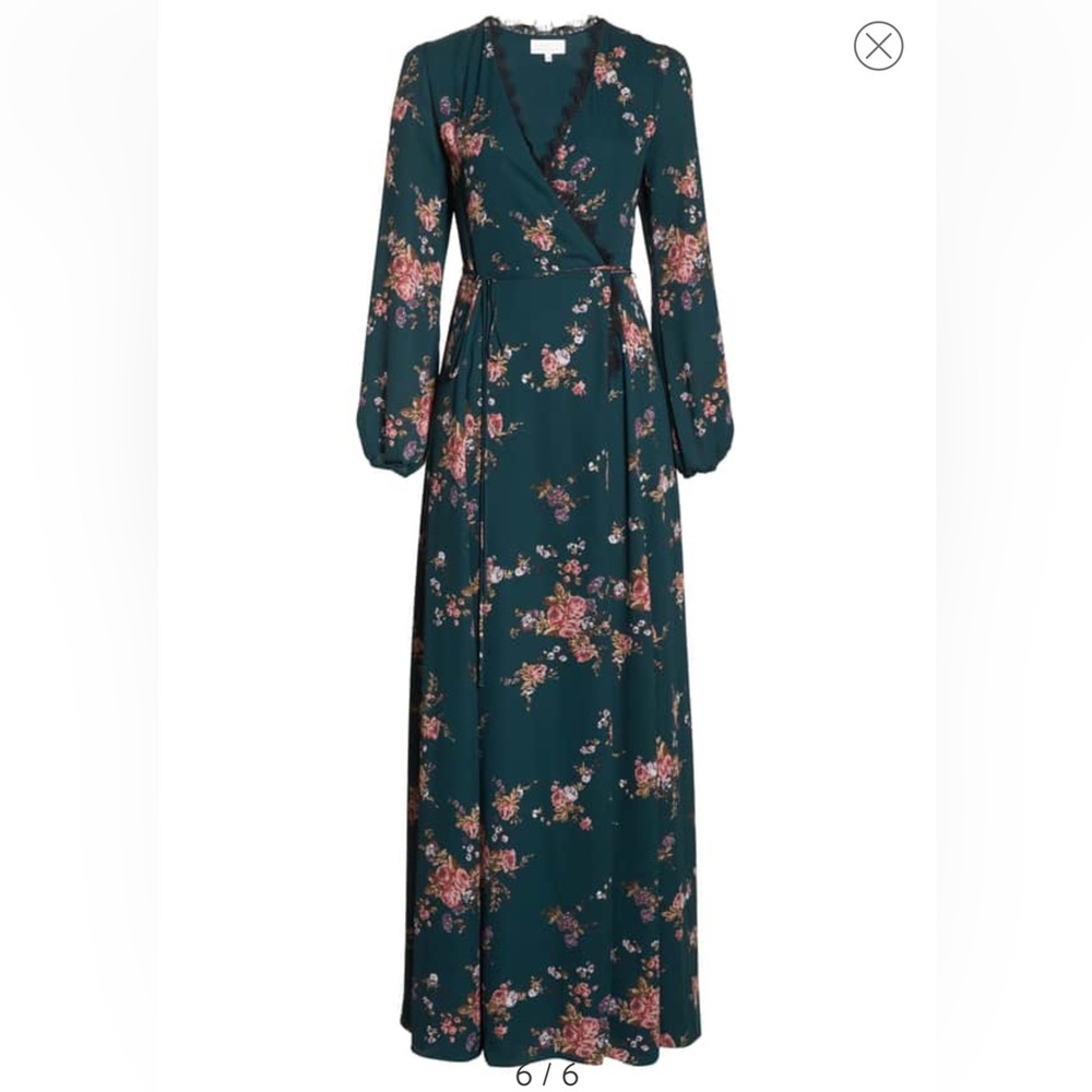 Wayf long sleeve floral lace lined plunge neck wrap around maxi dress size Small